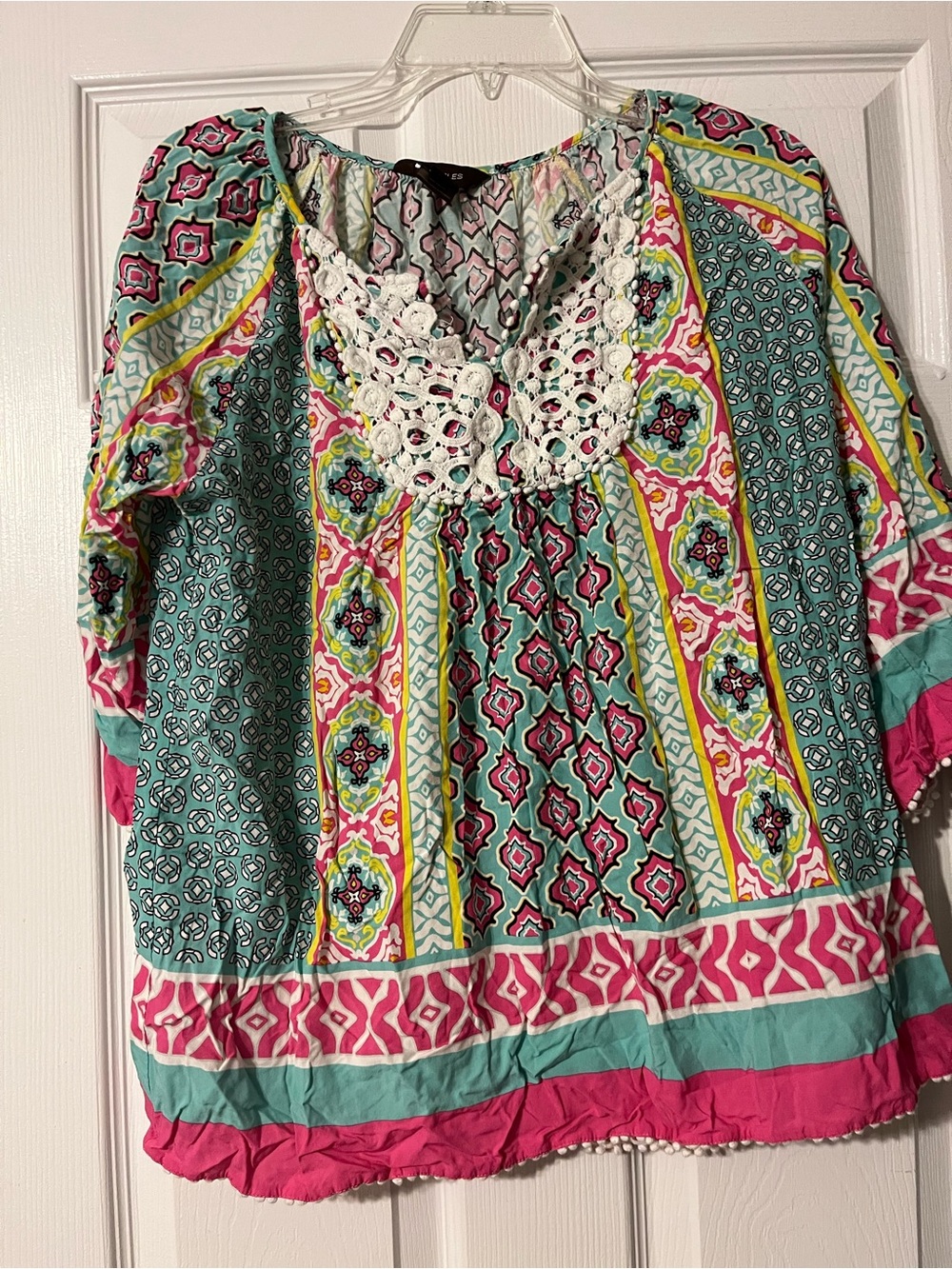 Multiples Turquoise, Pink & White Crochet-Trim Boho Tunic